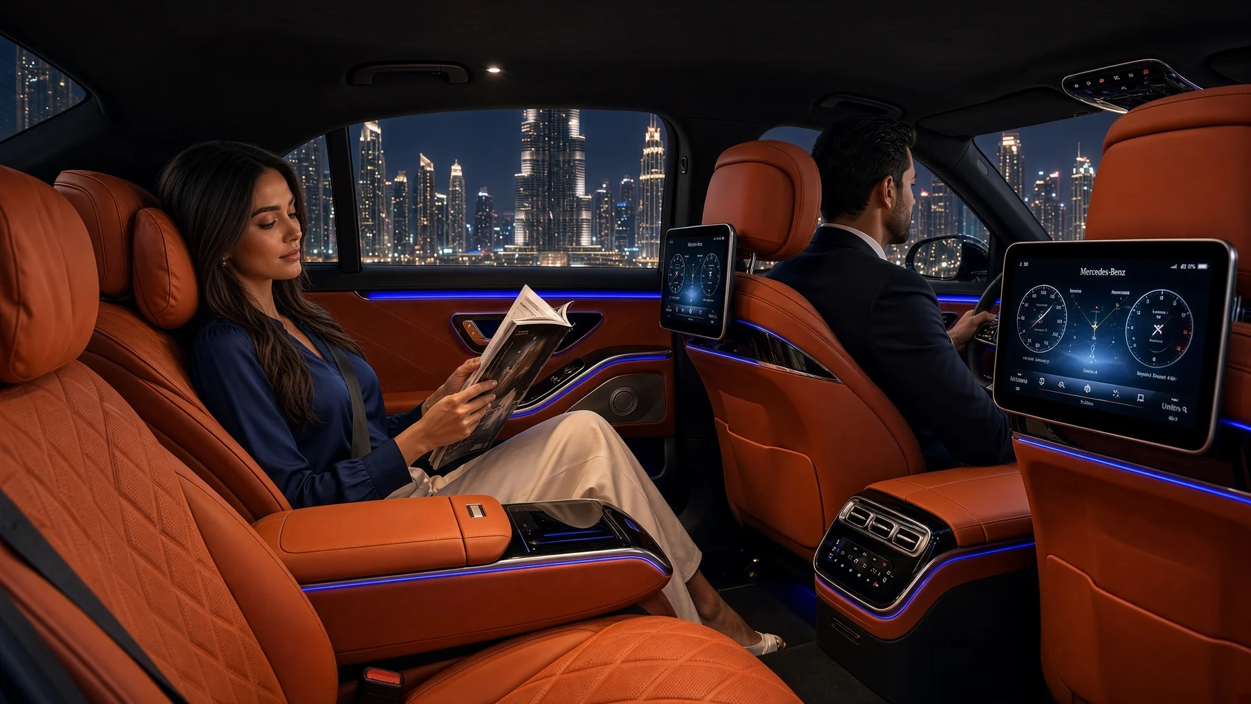 A guest relaxing in the rear cabin of a BCL Mercedes-Benz S-Class at night